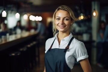 Young female waitress working in a cafe bar smiling