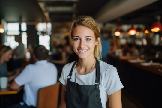 Portrait of a young female bartender working in a cafe bar in the city