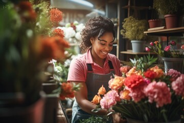 Young woman of african ethnicity working in a flower shop