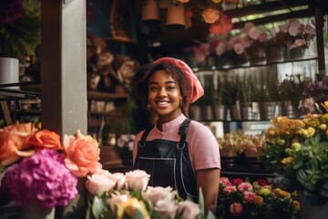 Young african american woman working in a flower shop