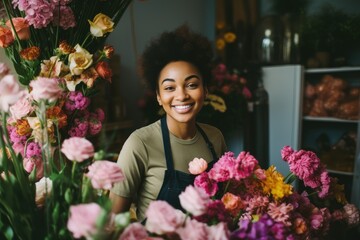 Fototapeta premium Young african american woman working in a flower shop