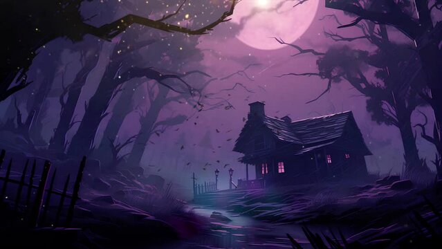 old house in the middle of the forest spooky atmosphere crows flying around under the bright full moon. halloween scene background video