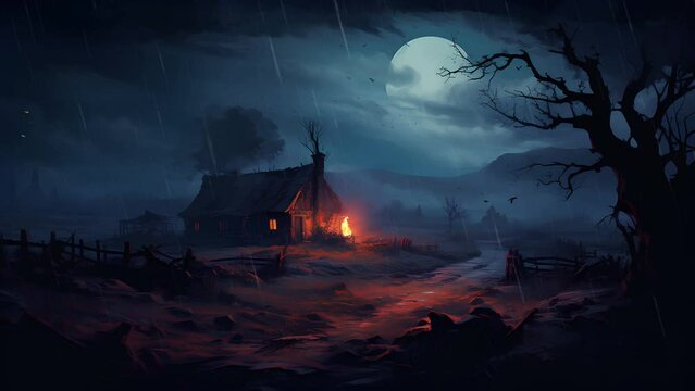 the view of an old house with a fire burning by the side of lightning flashing and dark raining clouds with a big scary moon. looping halloween animated background.
​Lihat detail