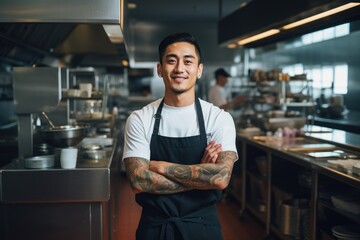 Young male japanese chef working in a restaurant kitchen smiling portrait