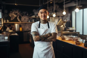 Young male japanese chef working in a restaurant kitchen smiling portrait