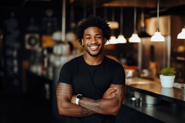 Young male african american chef smiling while working in a restaurant kitchen