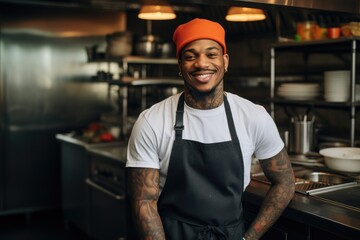 Young male african american chef smiling while working in a restaurant kitchen