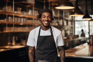 Young male african american chef smiling while working in a restaurant kitchen