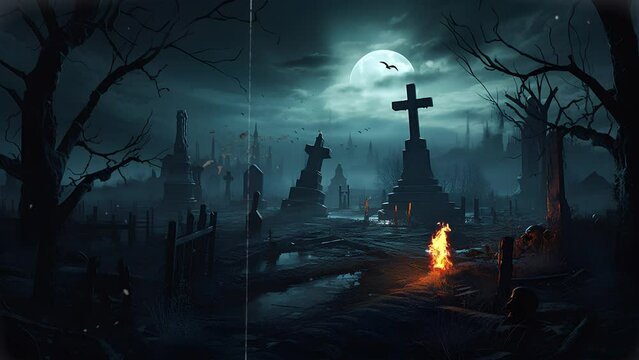 spooky scary night view of cemetery under full moon with bats flying over the graves. graveyard scene. happy halloween video backgrounds. Seamless looping animated background.