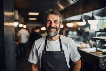 Fototapeta premium Middle aged british caucasian chef working in a restaurant kitchen smiling portrait