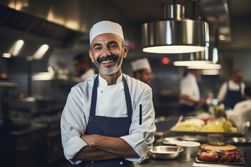 Middle aged spanish latin chef working in a restaurant kitchen smiling portrait - obrazy, fototapety, plakaty