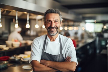 Naklejka premium Middle aged australian caucasian chef working in a restaurant kitchen smiling portrait