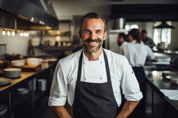 Fototapeta premium Middle aged swedish caucasian chef working in a restaurant kitchen smiling portrait
