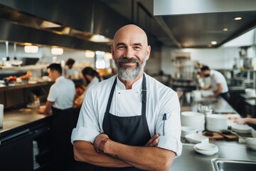 Fototapeta premium Middle aged turkish caucasian chef working in a restaurant kitchen smiling portrait