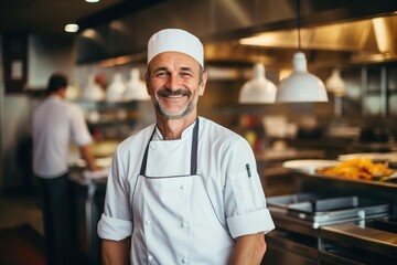 Middle aged american caucasian chef working in a restaurant kitchen smiling portrait