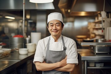 Middle aged korean chef working in a restaurant kitchen smiling portrait