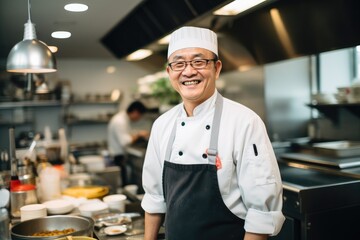 Middle aged korean chef working in a restaurant kitchen smiling portrait