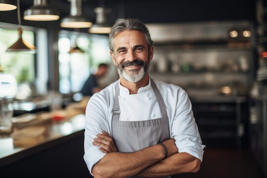 Middle aged australian caucasian chef working in a restaurant kitchen smiling portrait