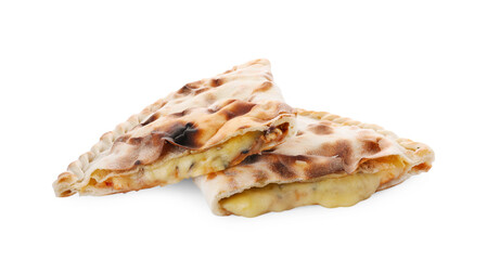 Tasty pizza calzones with cheese isolated on white