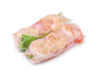 Tasty spring rolls with shrimps and lettuce wrapped in rice paper on white background