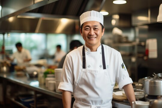 Middle aged asian chef working in a restaurant kitchen smiling portrait