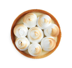 Fototapeta na wymiar Tartlet with lemon curd and meringue isolated on white, top view. Delicious dessert