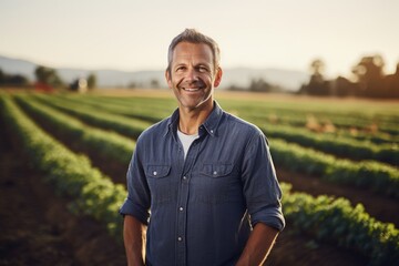 Middle aged caucasian farming smiling on his farm field - obrazy, fototapety, plakaty