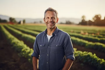 Photo sur Plexiglas Tracteur Middle aged caucasian farming smiling on his farm field