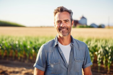 Naklejka na ściany i meble Middle aged caucasian farming smiling on his farm field
