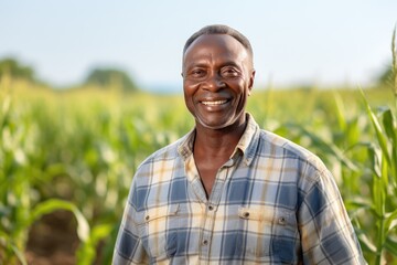 Naklejka na ściany i meble Middle aged african american farmer smiling and working on a farm field portrait