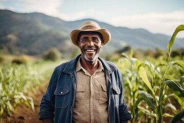 Naklejka na ściany i meble Middle aged african american farmer smiling and working on a farm field portrait