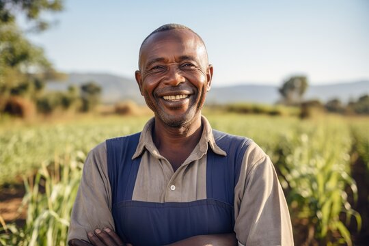 Middle aged african american farmer smiling and working on a farm field portrait