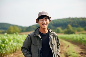 Naklejka na ściany i meble Young male asian farmer smiling on a farm field portrait