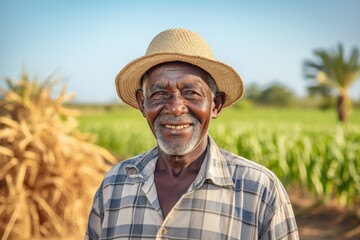 Fototapeta premium Senior male african american farmer smiling portrait on his farm field