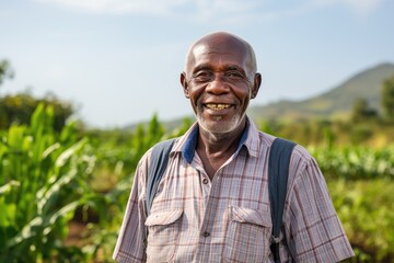 Senior male african american farmer smiling portrait on his farm field