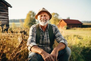 Naklejka na ściany i meble Portrait of a smiling senior man at his farm in the countryside