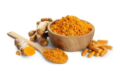 Aromatic turmeric powder, pills and raw roots isolated on white