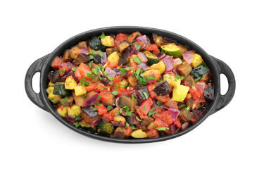 Dish with tasty ratatouille isolated on white, top view