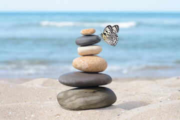 Peace and harmony. Stacked pebbles on sand and beautiful butterfly near sea