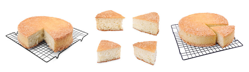 Tasty sponge cake isolated on white. Collage design