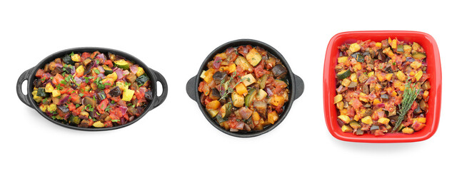 Tasty ratatouille in different dishes isolated on white, top view. Collage design
