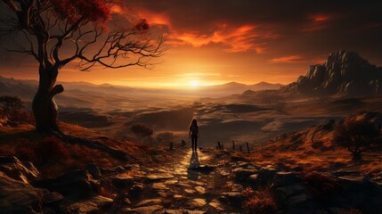 Fototapeta premium A beautiful path in nature going toward the sunset. 