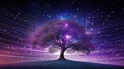 A tree in front of a starry sky with purple data streams rising. Generative AI