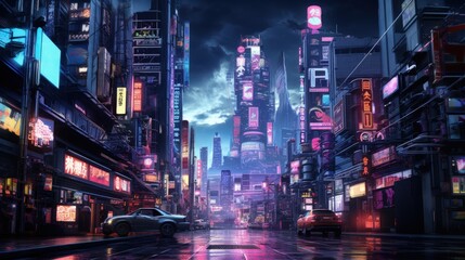 Fototapeta na wymiar Cyberpunk City Street, Night View, Futuristic City, Neon Light. Generative AI