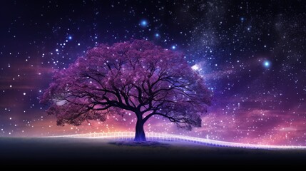 Fototapeta na wymiar A tree in front of a starry sky with purple data streams rising. Generative AI