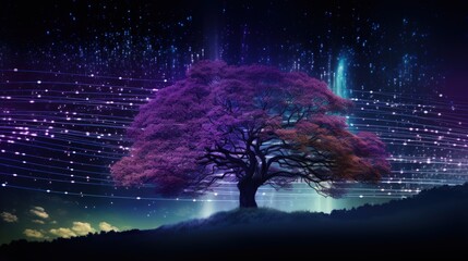 A tree in front of a starry sky with purple data streams rising. Generative AI - obrazy, fototapety, plakaty