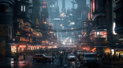 Busy Cyberpunk City Street Background. Generative AI