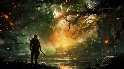 Portrait Of Robin Hood Firing Arrow, In Enchanted Forest. Generative AI - obrazy, fototapety, plakaty