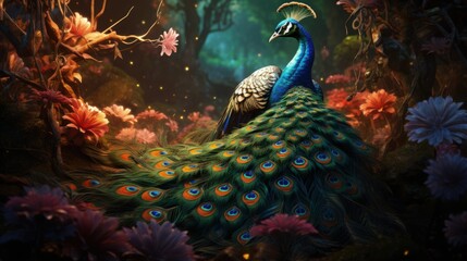 Tropical Background Royal Birds Peacock Heron Colorful Fern Leaves. Generative AI