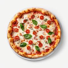 Top view of Delicious margherita pizza on plate on a white background